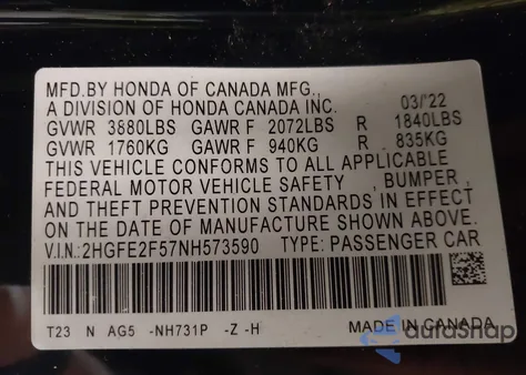 2022 Honda Civic Sport из США, поврежденный, VIN 2HGFE2F57NH573590